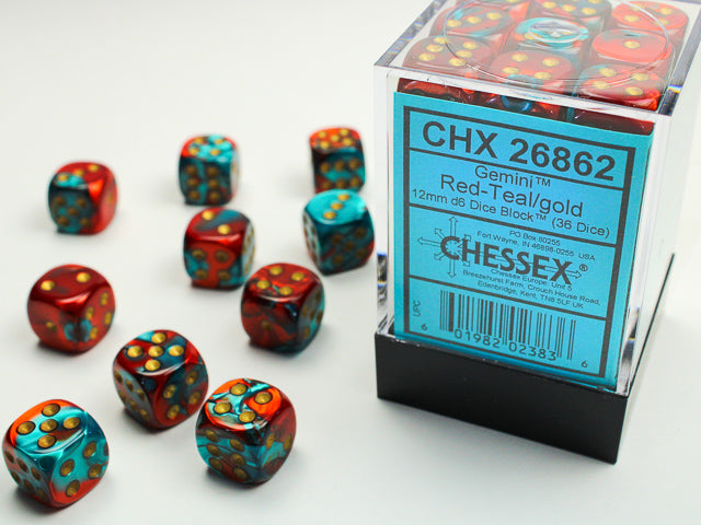 Chessex: Gemini Red-Teal/gold 12mm d6 Dice Block (36 dice)