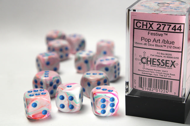Chessex: Festive Pop Art/blue 16mm d6 Dice Block