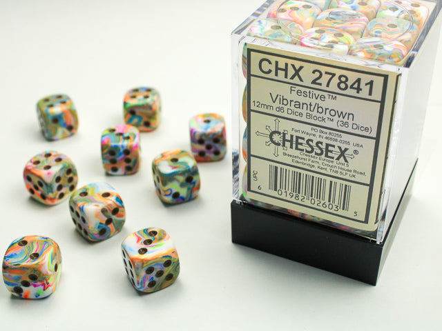 Chessex: Festive Vibrant/brown 12mm d6 Dice Block (36 dice)