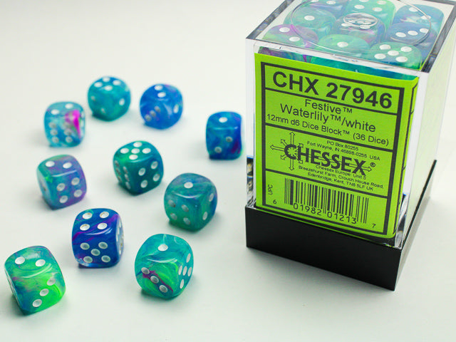 Chessex: Festive Waterlily/white 12mm d6 Dice Block (36 dice)