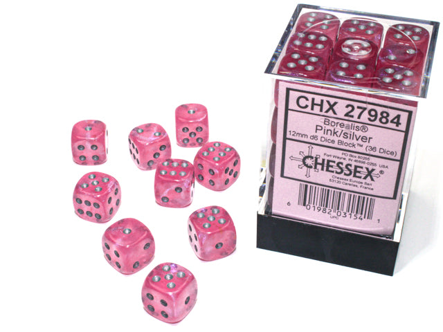 Chessex: Borealis Pink/silver Luminary 12mm d6 Dice Block (36 dice)