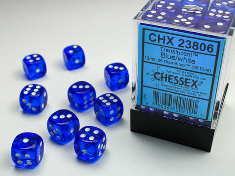 Chessex: Translucent Blue/white 12mm d6 Dice Block (36 dice)