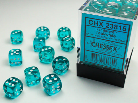 Chessex: Translucent Teal/white 12mm d6 Dice Block (36 dice)