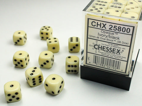 Chessex: Opaque Ivory/black 12mm d6 Dice Block (36 dice)