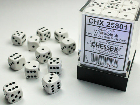 Chessex: Opaque White/black 12mm d6 Dice Block (36 dice)
