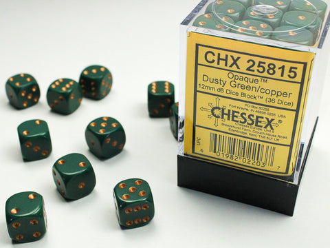 Chessex: Opaque Dusty Green/copper 12mm d6 Dice Block (36 dice)