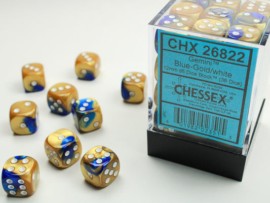 Chessex: Gemini Blue-Gold/white 12mm d6 Dice Block (36 dice)
