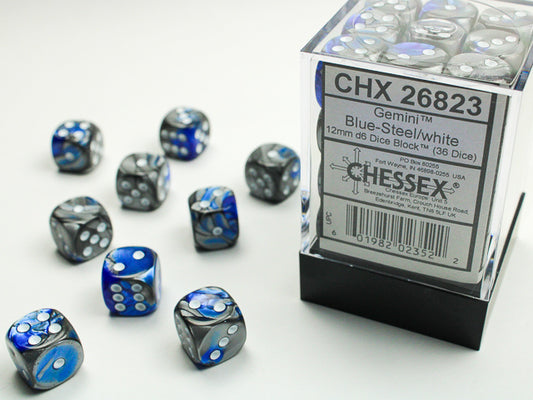 Chessex: Gemini Blue-Steel/white 12mm d6 Dice Block (36 dice)