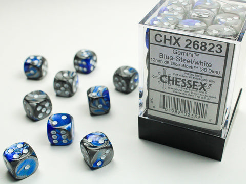 Chessex: Gemini Blue-Steel/white 12mm d6 Dice Block (36 dice)