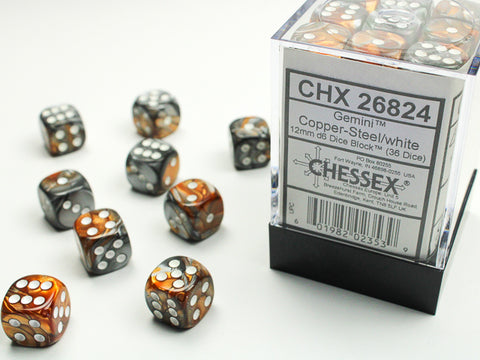 Chessex: Gemini Copper-Steel/white 12mm d6 Dice Block (36 dice)
