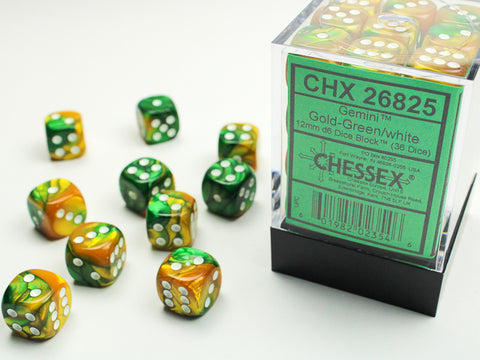 Chessex: Gemini Gold-Green/white 12mm d6 Dice Block (36 dice)