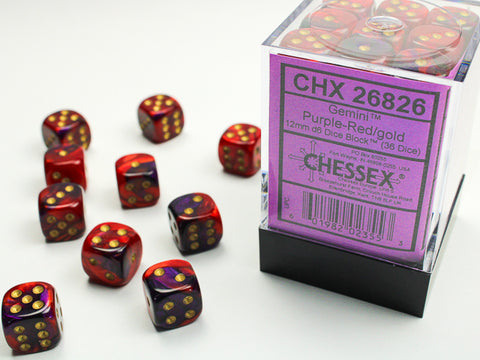Chessex: Gemini Purple-Red/gold 12mm d6 Dice Block (36 dice)