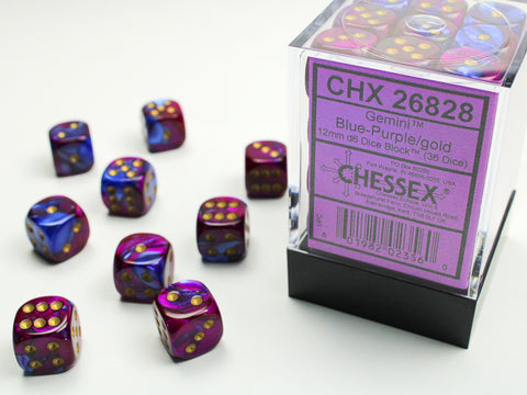 Chessex: Gemini Blue-Purple/gold 12mm d6 Dice Block (36 dice)