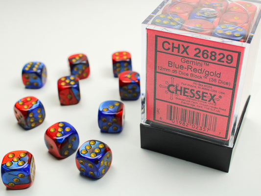 Chessex: Gemini Blue-Red/gold 12mm d6 Dice Block (36 dice)