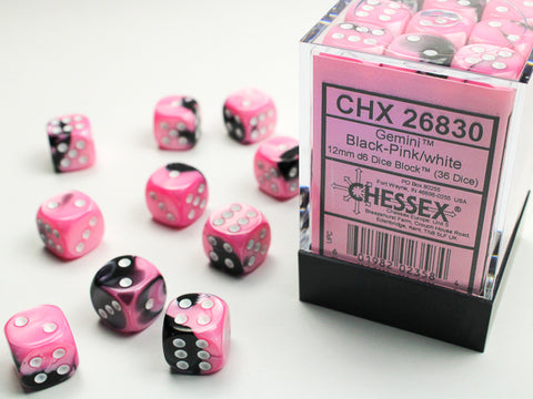 Chessex: Gemini Black-Pink/white 12mm d6 Dice Block (36 dice)