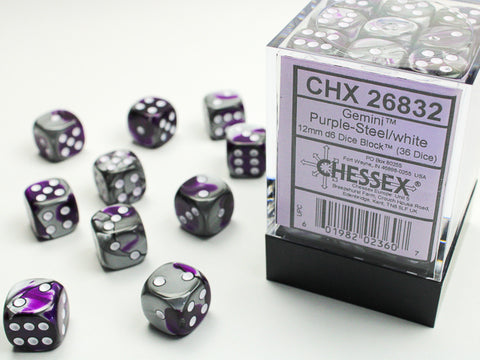 Chessex: Gemini Purple-Steel/white 12mm d6 Dice Block (36 dice)