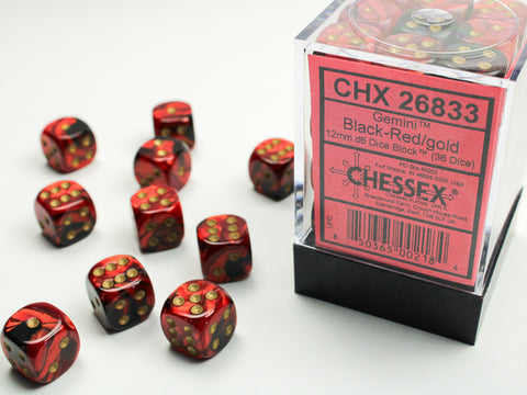 Chessex: Gemini Black-Red/gold 12mm d6 Dice Block (36 dice)