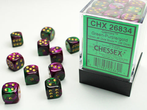 Chessex: Gemini Green-Purple/gold 12mm d6 Dice Block (36 dice)