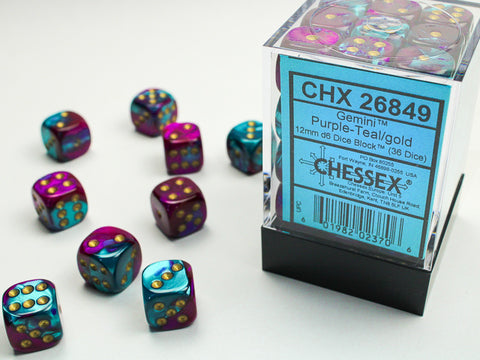 Chessex: Gemini Purple-Teal/gold 12mm d6 Dice Block (36 dice)