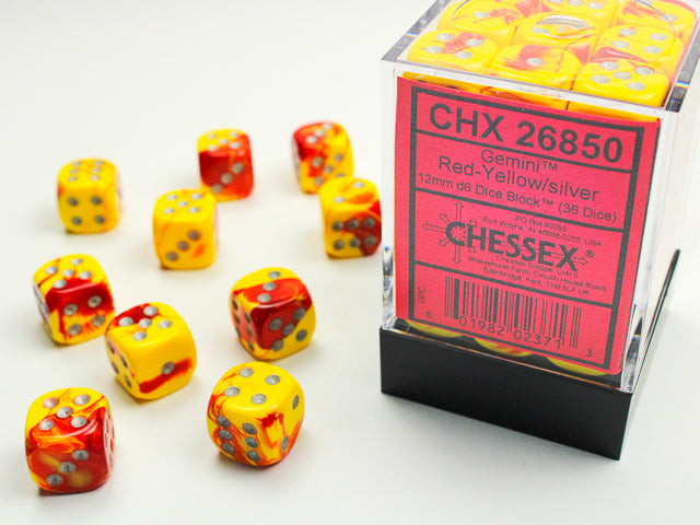 Chessex: Gemini Red-Yellow/silver 12mm d6 Dice Block (36 dice)