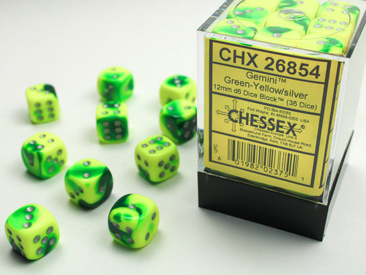 Chessex: Gemini Green-Yellow/silver 12mm d6 Dice Block (36 dice)