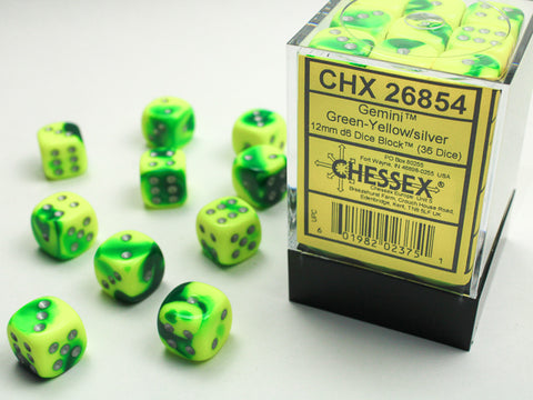 Chessex: Gemini Green-Yellow/silver 12mm d6 Dice Block (36 dice)
