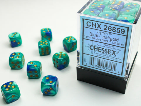 Chessex: Gemini Blue-Teal/gold 12mm d6 Dice Block (36 dice)
