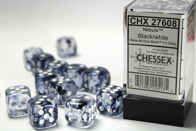 Chessex: Nebula Black/white 16mm d6 Dice Block
