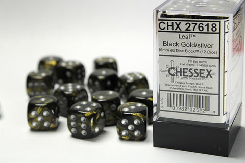 Chessex: Leaf Black Gold/silver 16mm d6 Dice Block