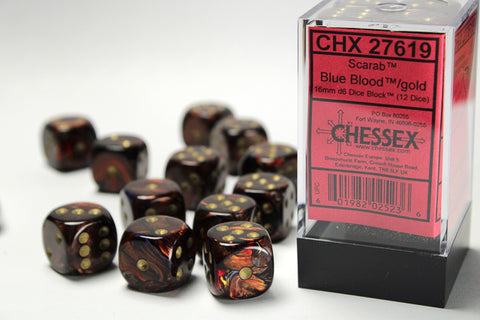 Chessex: Scarab Blue Blood/gold 16mm d6 Dice Block