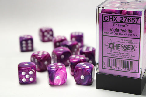 Chessex: Festive Violet/white 16mm d6 Dice Block