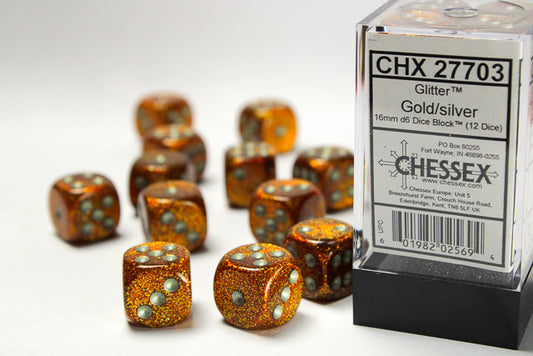 Chessex: Glitter Gold/silver 16mm d6 Dice Block