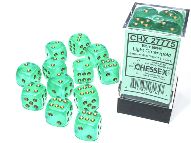 Chessex: Borealis Light Green/gold Luminary 16mm d6 Dice Block
