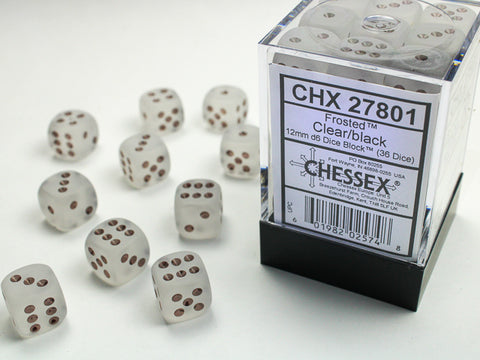 Chessex: Frosted Clear/black 12mm d6 Dice Block (36 dice)