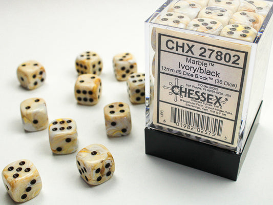 Chessex: Marble Ivory/black 12mm d6 Dice Block (36 dice)