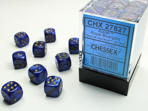 Chessex: Scarab Royal Blue/gold 12mm d6 Dice Block (36 dice)