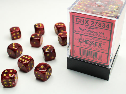 Chessex: Vortex Burgundy/gold 12mm d6 Dice Block (36 dice)