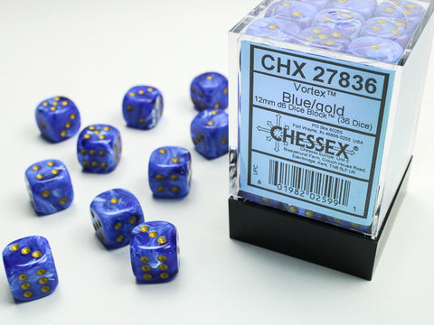 Chessex: Vortex Blue/gold 12mm d6 Dice Block (36 dice)