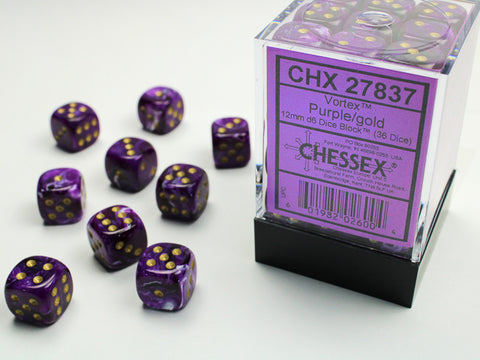 Chessex: Vortex Purple/gold 12mm d6 Dice Block (36 dice)