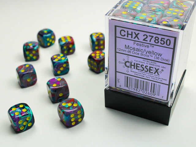 Chessex: Festive Mosaic/yellow 12mm d6 Dice Block (36 dice)