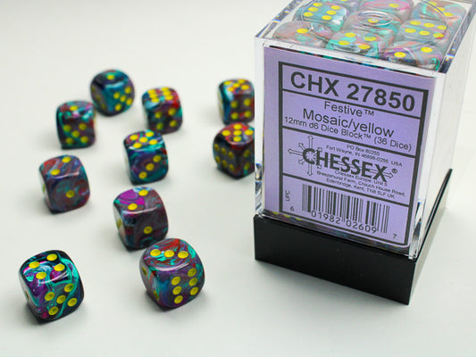 Chessex: Festive Mosaic/yellow 12mm d6 Dice Block (36 dice)