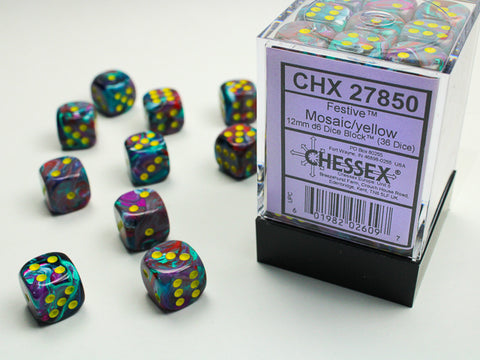 Chessex: Festive Mosaic/yellow 12mm d6 Dice Block (36 dice)