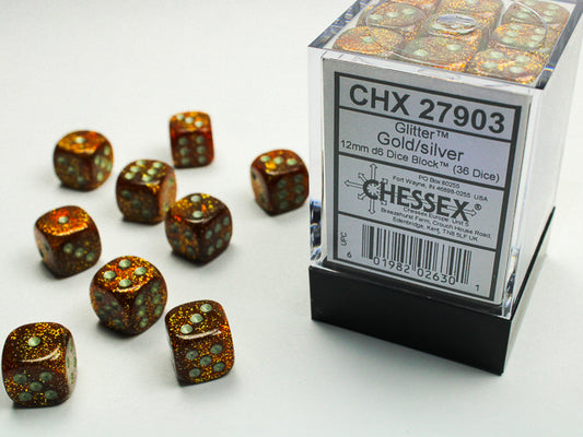 Chessex: Glitter Gold/silver 12mm d6 Dice Block (36 dice)