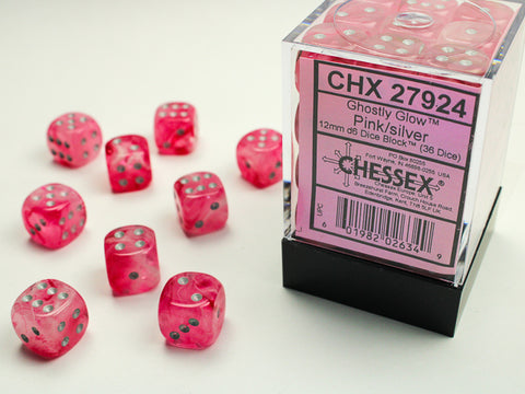 Chessex: Ghostly Glow Pink/silver 12mm d6 Dice Block (36 dice)