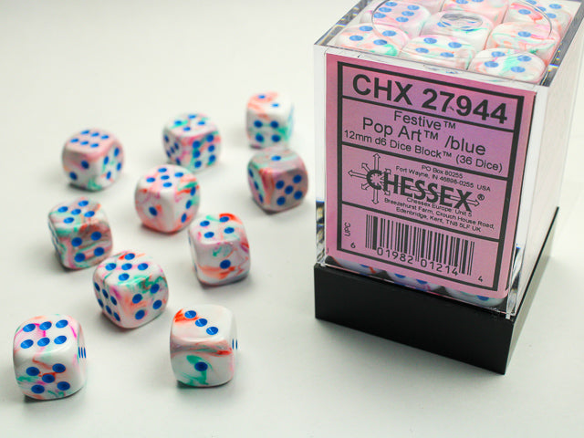 Chessex: Festive Pop Art/blue 12mm d6 Dice Block (36 dice)