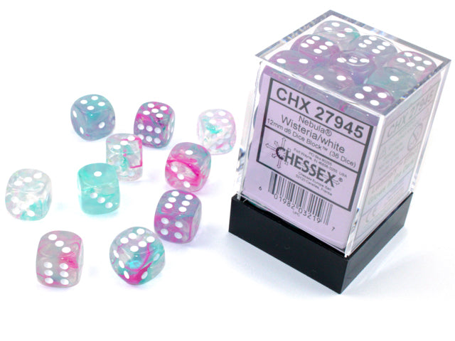 Chessex: Nebula Wisteria/white Luminary 12mm d6 Dice Block (36 dice)