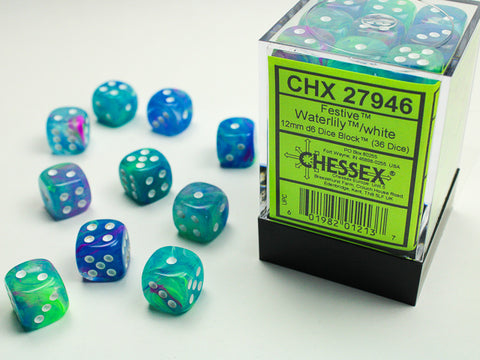 Chessex: Festive Waterlily/white 12mm d6 Dice Block (36 dice)