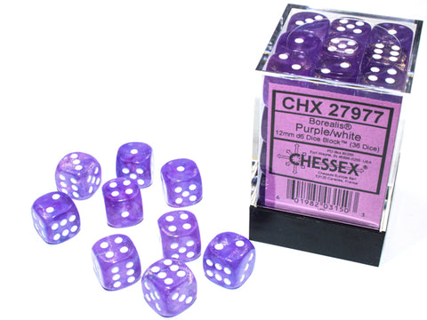 Chessex: Borealis Purple/white Luminary 12mm d6 Dice Block (36 dice)
