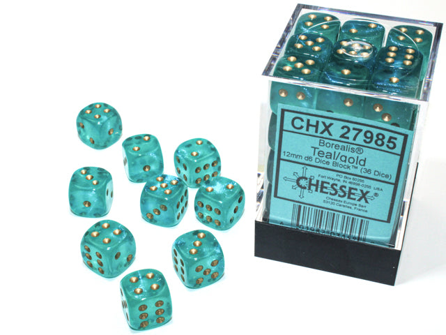Chessex: Borealis Teal/gold Luminary 12mm d6 Dice Block (36 dice)