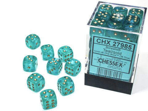 Chessex: Borealis Teal/gold Luminary 12mm d6 Dice Block (36 dice)
